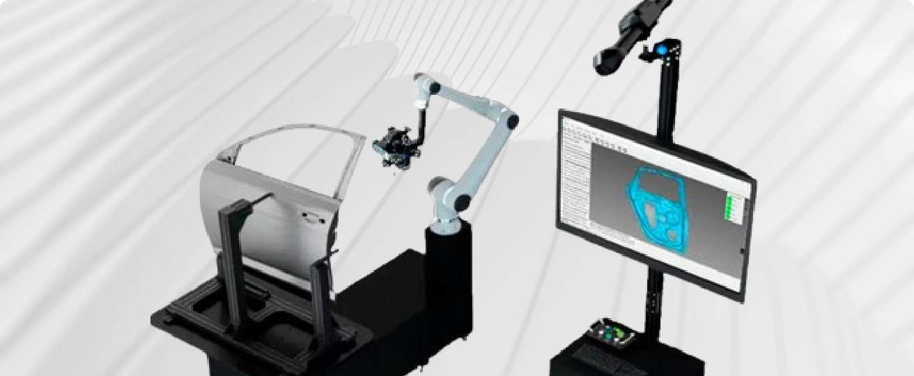Sistema óptico AM-CELL C200 realizando medición automatizada 3D para metrología avanzada de componentes industriales
