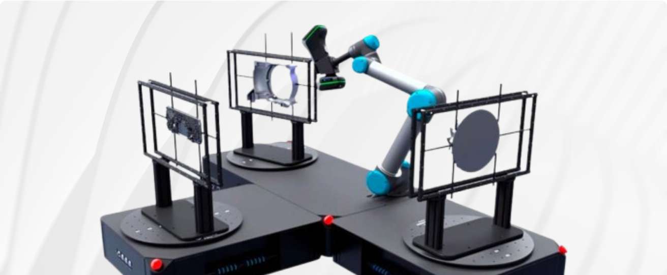 Estación AM-DESK realizando medición 3D automatizada para aplicaciones de metrología avanzada en industria