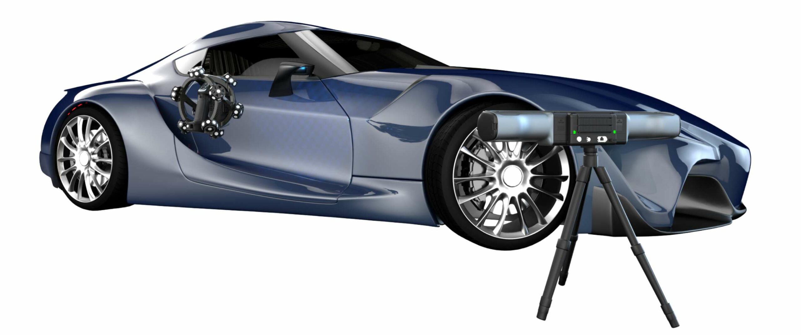 Escaneo de un coche deportivo futurista realizado con el escáner 3D inalámbrico Scanology NimbleTrack Gen2 para aplicaciones de diseño y metrología avanzada.